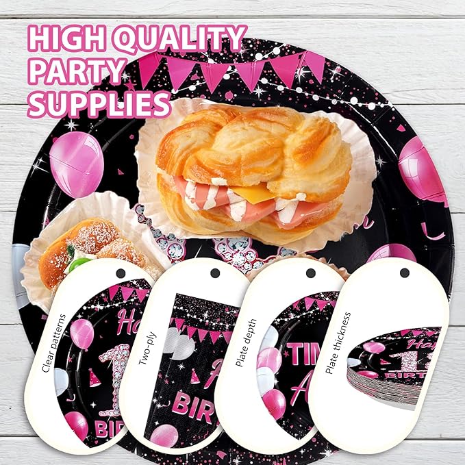 96Pcs 18th Birthday Party Supplies Black and Hot Pink Plates Forks and Napkins Diamond Sweet Theme Disposable Paper Tableware Set for Girls 18 Year Old Birthday Party Supplies Serves 24