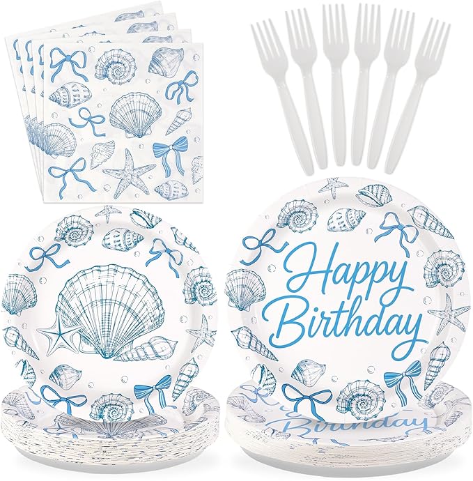 96Pcs Seashell Birthday Party Decorations Blue Bow Seashell Ocean Dessert Plates and Napkins Beach Starfish Tableware Set for Summer Kids Girls Boys Birthday Party Supplies Serves 24
