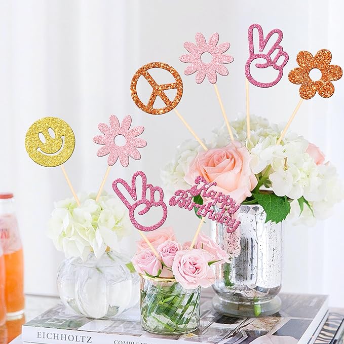 12 PCS Hippie Party Centerpiece Sticks 60s Retro Boho Dasiy Flower Sun Peace Sign Hand Table Flower Centerpieces Sticks for Hippie Theme Happy Birthday Party Centerpiece Decorations Supplies