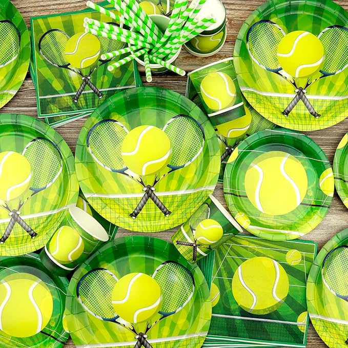 Tennis Party Decoration - Tennis Birthday Party Tableware Supplies Includes Plates, Cups, Napkins, Tablecloth, Straws (40)