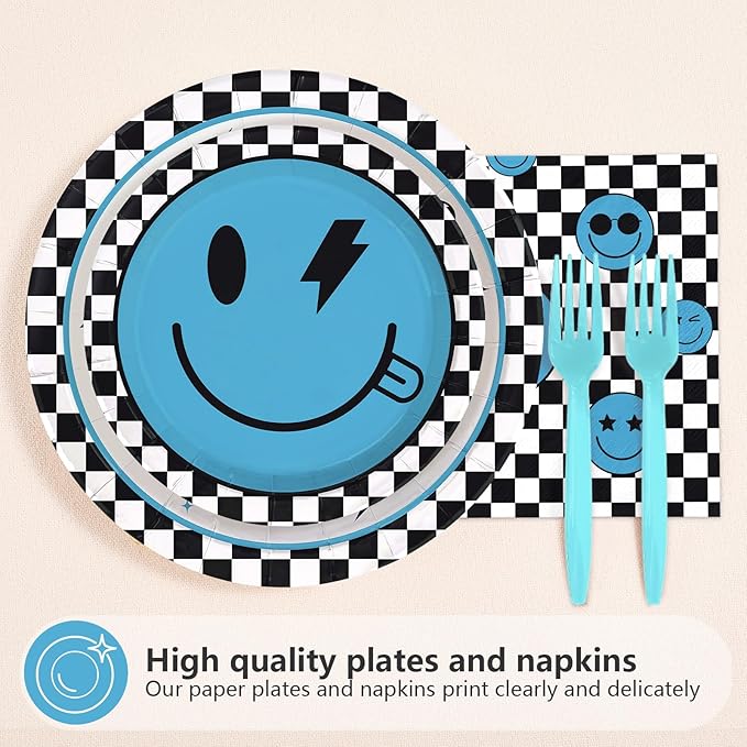 96Pcs One Happy Dude 1st Birthday Party Decoration Blue Smile Face Plates and Napkins Black White Plaid Disposable Paper Tableware Set for 1st Birthday Baby Shower Party Supplies Serves 24