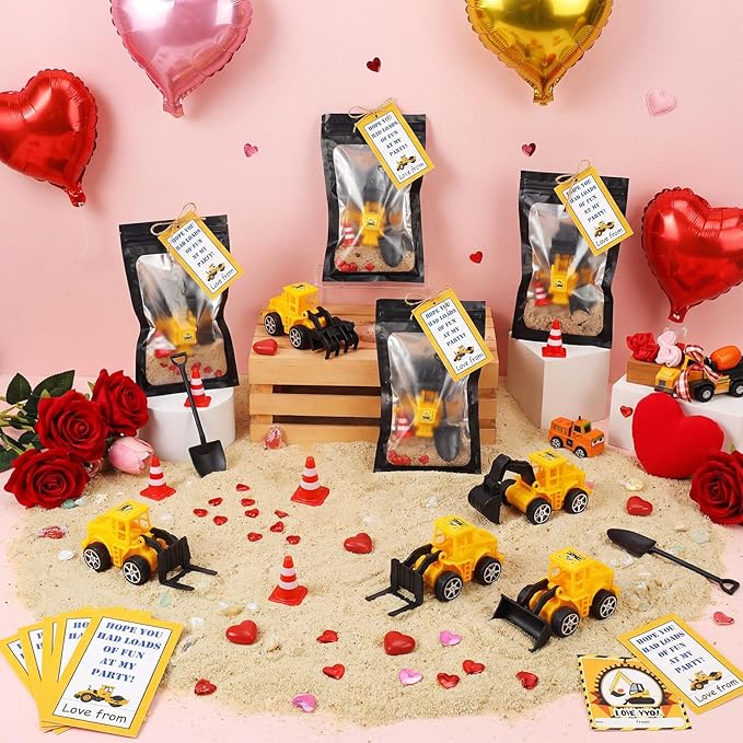 Jenaai 12 Set Construction Party Favors Truck Vehicle Set with Sand Greeting Cards Mini Cars Truck Tractor Forklift for Construction Birthday Party Supplies Gift Reward Goodie Bag Stuffer