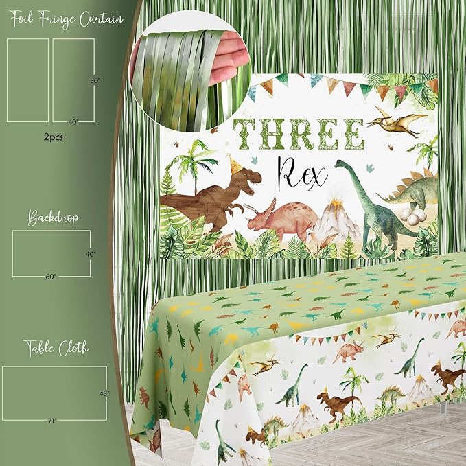 Three Rex Birthday Party Decorations Boy, Dinosaur 3rd Birthday Party Supplies, Three Rex Backdrop Tablecloth Fringe Curtain Balloon Arch Cake Topper Birthday Banner Hat