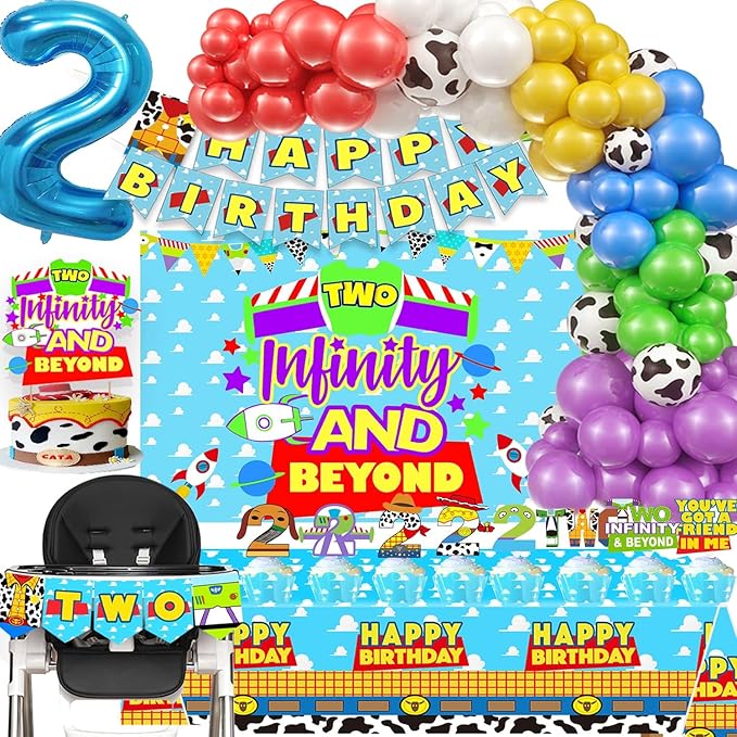 Two 2 Infinity & Beyond Birthday Decorations Cartoon Story Party Supplies 2nd Birthday include Backdrop Banner Cake Cupcake Toppers highchair Two Banner Balloons Arch Kits Tablecloth