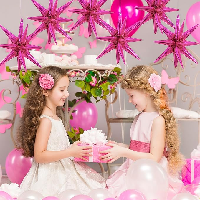 TONIFUL 4 Pcs 22inch 4D Hot Pink Explosion Star Mylar Balloons for Party Backdrop Christmas,New Year Birthday, Wedding Baby Shower Anniversary Photo Booth Supplies