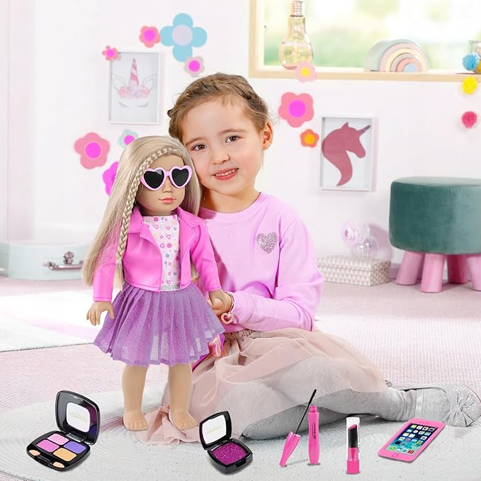 American 18 Inch Doll Makeup Accessories And Clothes,Tote Bag Set For 18" Dolls Include Berets Outfits Sunglasses Phone Eye Shadow Lipstick Blusher Bracelets Eyelash Brush Toy Stuff(No Doll And Shoes)
