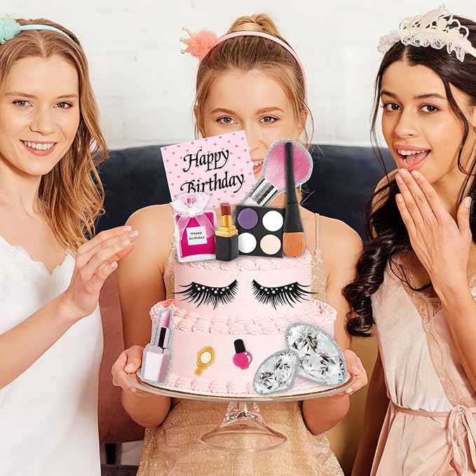 Hooqict 12Pcs Makeup Cake Decorations Set with Mini Lipstick, Mirror, Makeup Tools, Spa Birthday Party Cake Toppers & Cupcake Toppers for Girls Women Spa Birthday Party Supplies