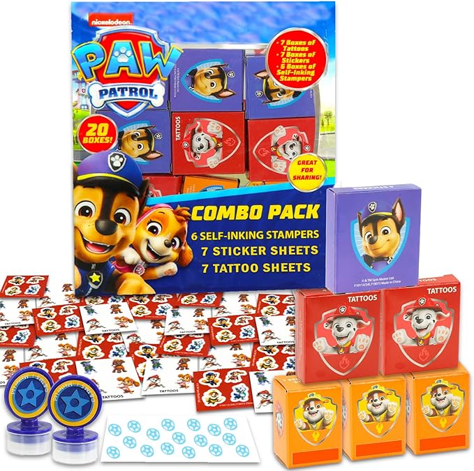 Paw Patrol Party Favors for 20 Guests Bundle ~ 20 Pieces Paw Patrol Favor Boxes with Stickers, Tattoos and Stampers for Kids Birthday Party | Paw Patrol Party Supplies and Decorations Combo Pack