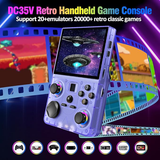 Retro Handheld Game Console, DC35V Retro Gaming Console 3.5’’IPS Screen Open Source Linux System Built-In 20000+Classic Games, 20+Emulators, Portable Video Gaming Console with 4000mAh Battery (Purple)