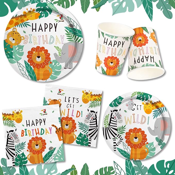 Safari Birthday Party Supplies Jungle Disposable Paper Plates Napkins Cups Tablecloth and Banner for Safari Jungle Theme Birthday Decorations, Serve 25