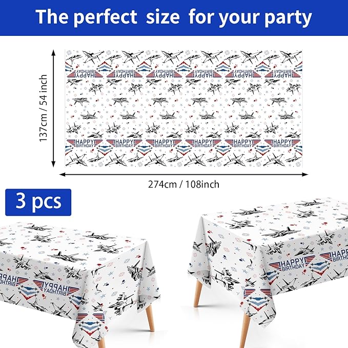 3 Pcs Fighter Jet Pilot Birthday Tablecloth Military Jet Table Cover Plastic Rectangle Airplane Table Cloth Air Force Party Decorations for Boys Pilot Aviation Birthday Party Supplies 54" x 108"