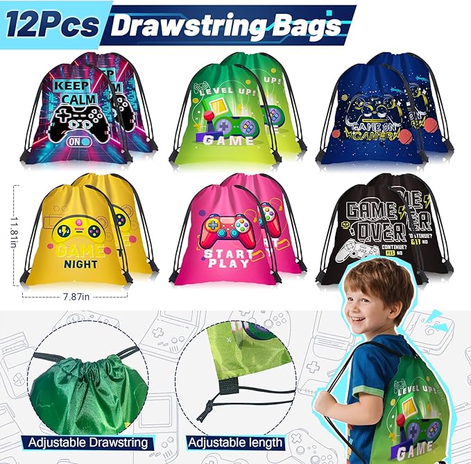 Video Game Party Favors Kids Gamer Birthday Party Supplies Drawstring Bag Silicone Bracelet Glow in Dark Tattoo Sticker Keychain Gamer Party Favors Gaming Birthday Goodie Bag Stuffers