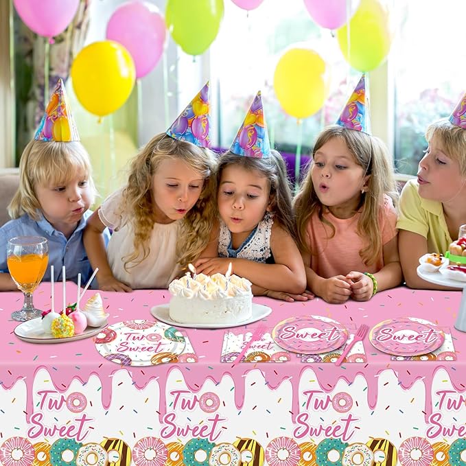 ZOIIWA 98 Pieces Two Sweet Donut Birthday Party Supplies for 24 Guests Girls Donut Tableware Set Baby Girl 2nd Birthday Paper Plates Napkins Tablecloth Decorations Table Cover Dinnerware Party Favors
