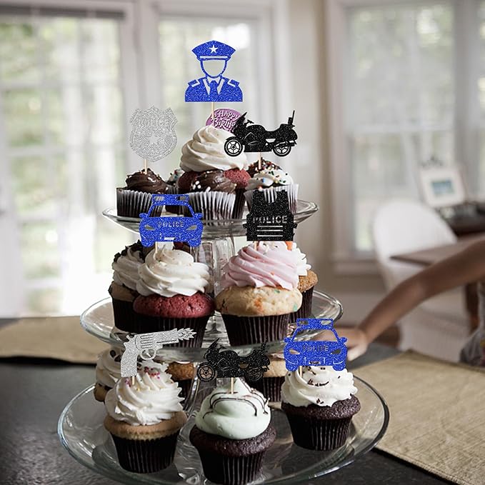 YCTHUNFISH 24 Pack Police Cupcake Toppers Glitter Policeman Police Officer Cupcake Picks Police Car Police Emblem Cake Decorations for Police Theme Kids Birthday Party Supplies Black Silver Blue