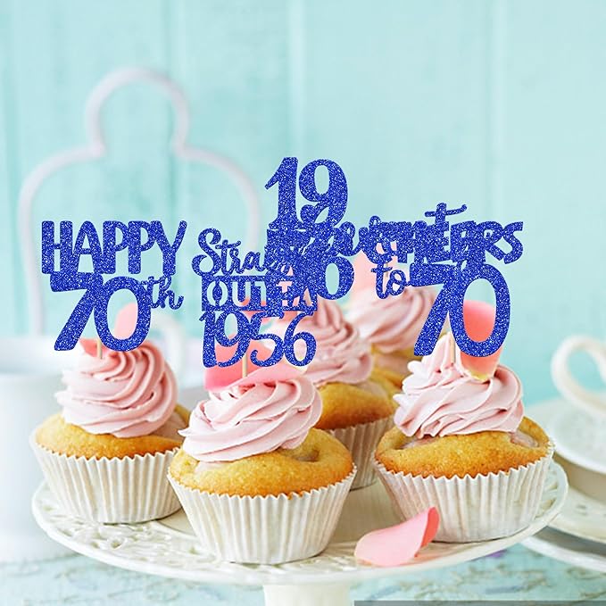 30 PCS 70th Birthday Cupcake Toppers Glitter Seventy Happy 70 Straight Outta 1956 Cupcake Picks for Cheers to 70 Fabulous 70th Birthday Anniversary Party Cake Decorations Supplier Blue