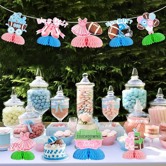 Jollyboom Touchdowns or Tutus Gender Reveal Decorations, 8pcs Ballet or Football Gender Reveal Honeycomb Centerpiece Table Toppers for Girl or Boy Gender Reveal Party Supplies