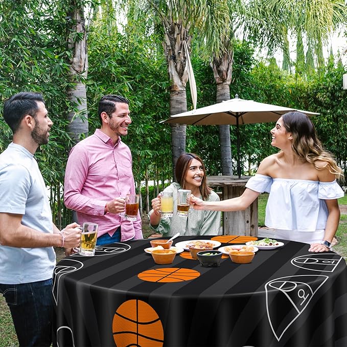 1 Pack Round Basketball Tablecloth 84 Inch Plastic Basketball Party Decorations Disposable Table Cloth Washable Disposable Circle Table Cover for Birthday Party Supplies Decoration