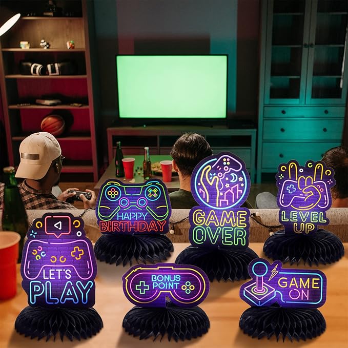 9 Pcs Neon Video Game Party Decorations Supplies Neon Video Game Honeycomb Table Centerpieces Cutouts for Video Game Birthday Baby Shower Theme Party Supplies