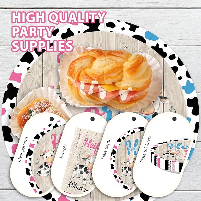 96Pcs Cow Gender Reveal Decorations Pink Blue He Or She Plates and Napkins Disposable Heifer or Bull Holy Cow Paper Tableware for Baby Boy or Girl Cowgirl Cowboy Gender Reveal Party Supplies Serves 24