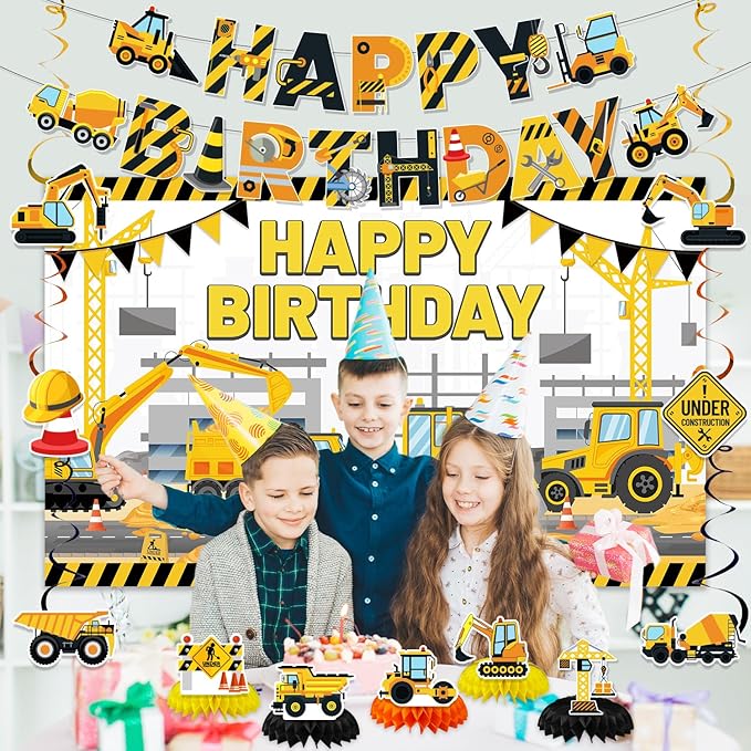 Construction Birthday Party Supplies & Decorations Kit with Excavator Banner, Backdrop, Hanging Swirls, Honeycomb Centerpieces for Kids Boys