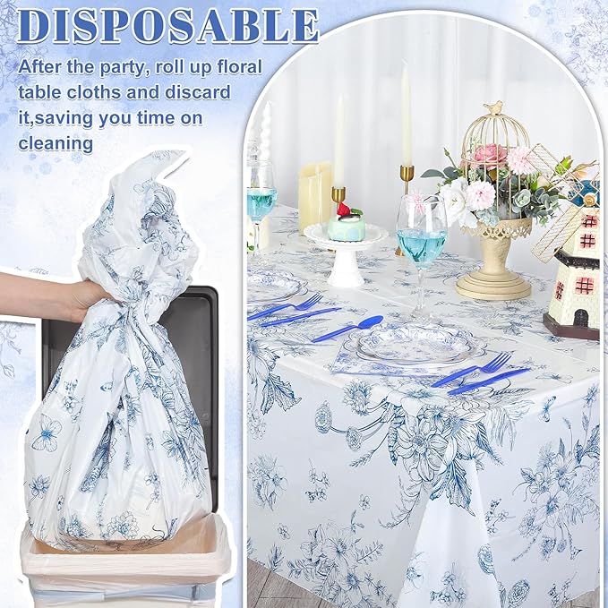 6 Pack Blue Floral Tablecloth, 54 X 108Inch Plastic Tea Party Tablecloths Disposable Vintsage Table Cloths Blue and White Porcelain Tables Decor for Mother's Day Birthday Garden Wedding Tea Party