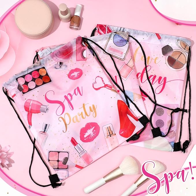 12 Pcs Spa Party Favor Bags Drawstring Backpack Gift Bags for Girls Women Makeup Birthday Party Decorations Salon Baby Shower Spa Decorations, 12 x 10 Inch