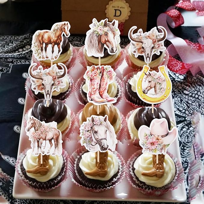 40 PCS Horse Cupcake Toppers Floral Horse Western Cowgirl Cupcake Picks Horseshoe Hat Boots Cowgirl Birthday Cake Decorations for Horse Western Cowgirl Theme Baby Shower Girls Birthday Party Supplies