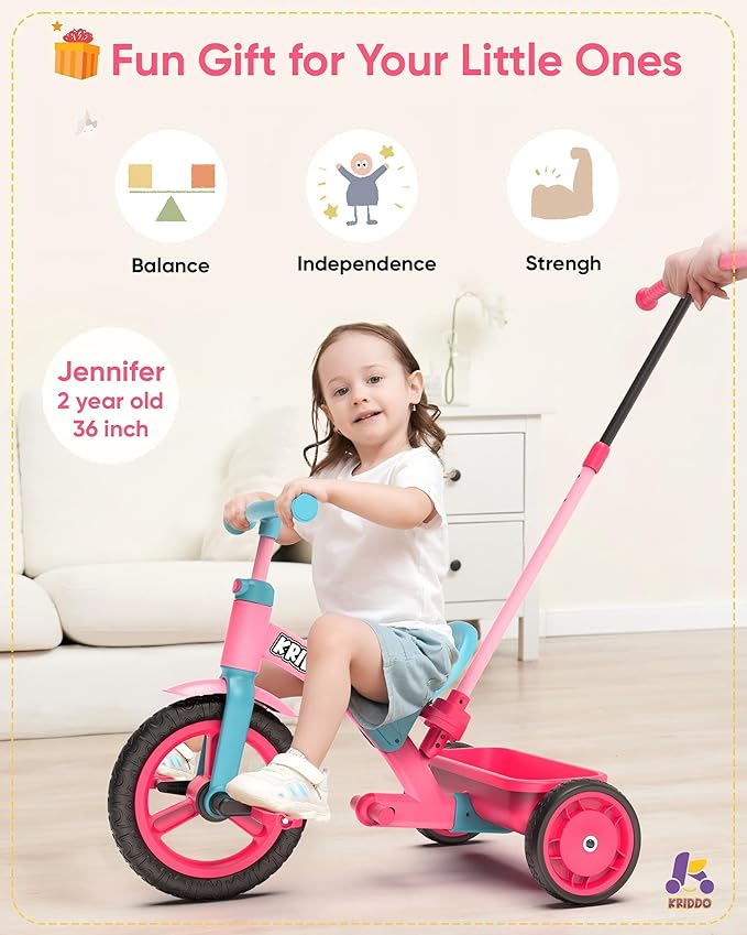 KRIDDO 3-in-1 Toddler Tricycle for Kids 18 Months to 3 Years, Tricycle for 2 Years with Parent Steering, Extra Wide Seat, Large Basket, Easy-to-Carry Seat, Gift for Boys and Girls Age 2-3, Pink