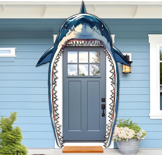 Shark Party Porch Banner Sea Shark Themed Party Door Decoration Shark Door Banner Hanging Supplies Sea Animal Photo Backdrop for Ocean Birthday Photo Booth Prop Door Covering Wrap Supplies