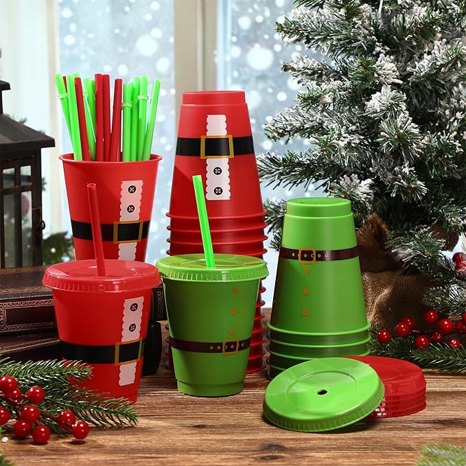 Sieral 30 Pcs Christmas Cups with Straws and Lids 16 oz Santa Elf Belt Cups Red Green Plastic Tumblers Reusable Iced Coffee Travel Mug for Christmas Theme Party Supplies Decorations