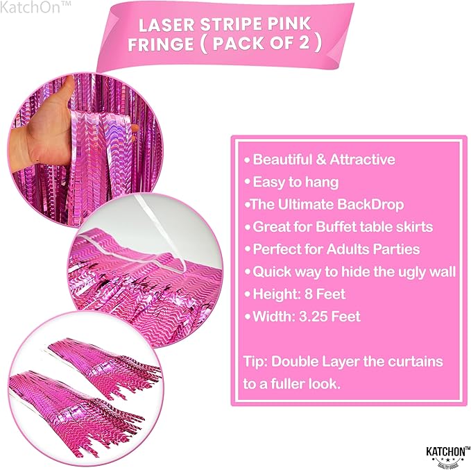 KatchOn, Large Laser Pink Backdrop Curtain - 3.2x8 Feet, Pack of 2 | Laser Pink Fringe for Birthday Wedding Engagement Party Decorations | Graduation Backdrop for Graduation Decorations 2025