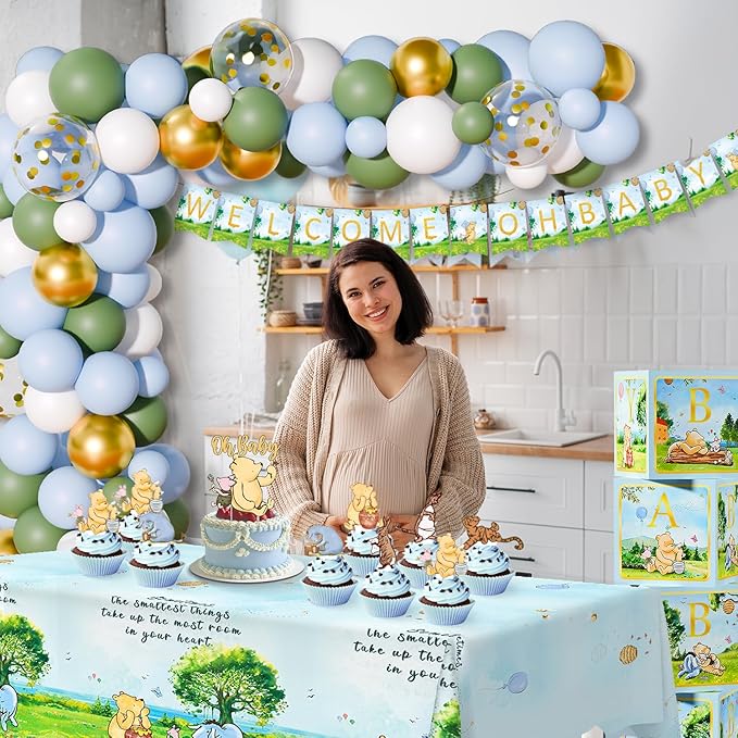 154 PCS Blue Winnie Baby Shower Decorations Kit Vintage Winnie Party Supplies Decorations, All-in-1-Balloon Garland Arch Backdrop, Tablecloth, Cake Topper, Banner, Box Decorations for Boy Baby Shower