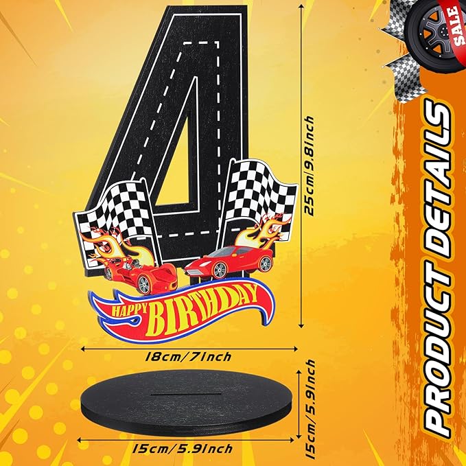 Race Car 4th Birthday Number Sign Centerpiece Race Car Theme 4th Birthday Party Supplies Wooden Table Decoration Photo Props for Boys Four Years Old