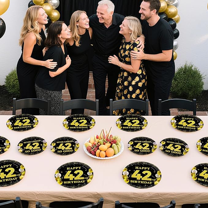 96Pcs 42nd Birthday Party Decorations 42 Never Looked So Good Gold Paper Plates and Napkins Tableware Set Black Gold 1983 Theme Decor for Men Women Cheers to 42 Years Old Party Supplies Serves 24