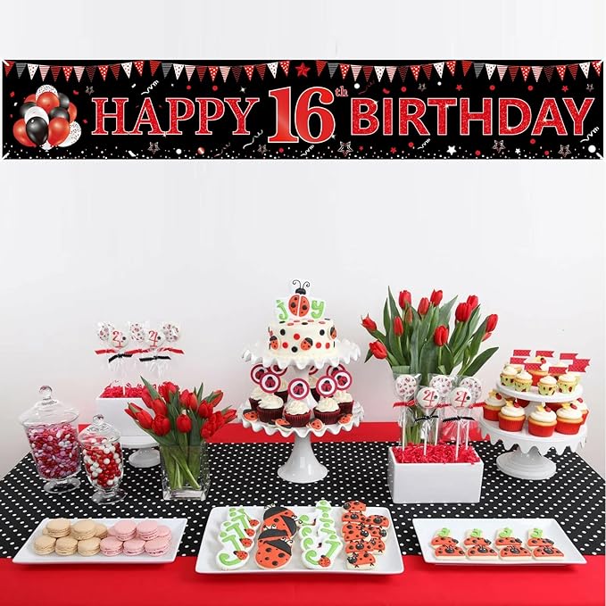 Red Black 16th Birthday Banner Decorations for Boys Girls, Black and Red Happy 16 Birthday Yard Banner Sign Party Supplies, Large Sixteen Year Old Birthday for Outdoor Indoor (9.8x1.6ft)