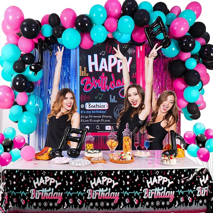 OurWarm Tik Tok Birthday Party Decorations, 135Pcs Happy Birthday Decorations, Includes Banner, Fringe Backdrop, Balloons Arch, Tablecloth for Party Supplies