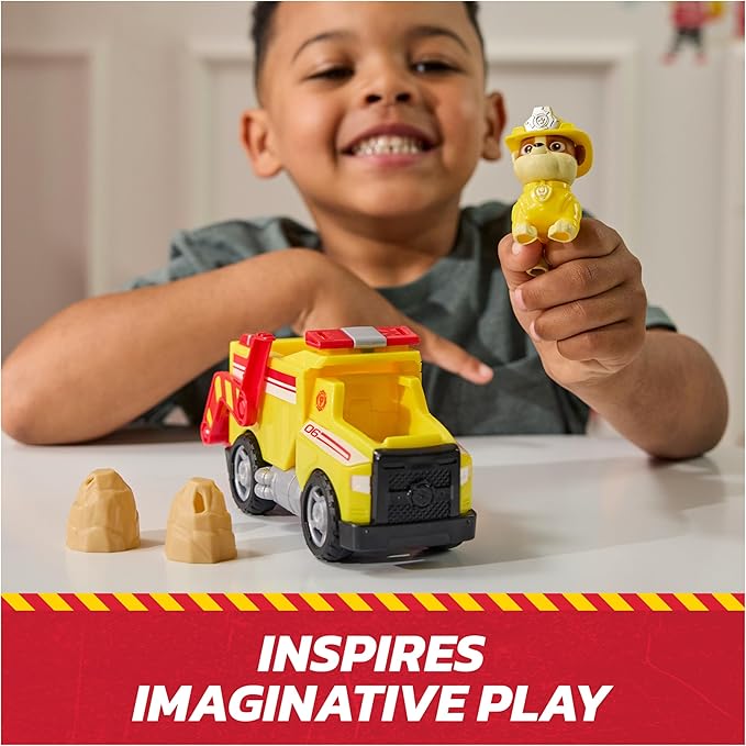 Paw Patrol Fire Rescue: Rubble Rescue Fire Dump Truck with Action Figure, Projectiles, and Toy Truck, Kids Toys for Boys & Girls Ages 3 and Up