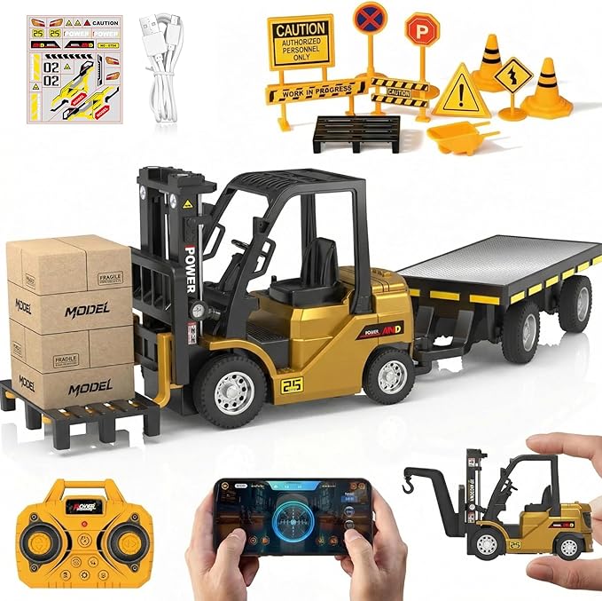 RC Mini Liftable Forklift Toy, 1:64 Construction Fork Truck, Movable Forks - Scale Mini Remote Control Vehicle Model for Kids Adult Collection & Desk Decoration- Yellow