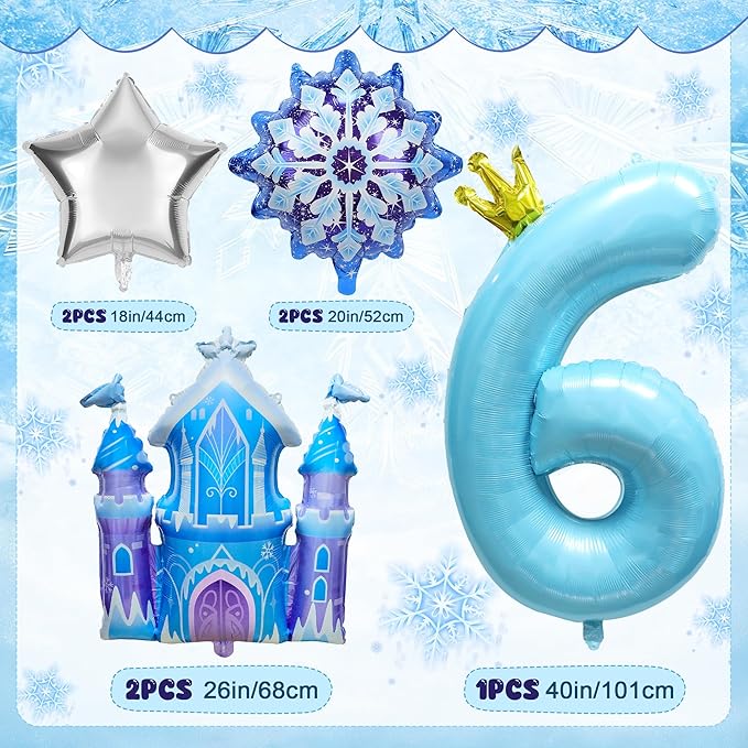 7Pcs 6th Birthday Party Decorations Balloons,Winter Snowflake Balloons Large Blue 40 Inch Number 6 Balloon Foil Star Castle Ballon for Birthday Party Favor Decor Supplies Winter Wonderland Decoration