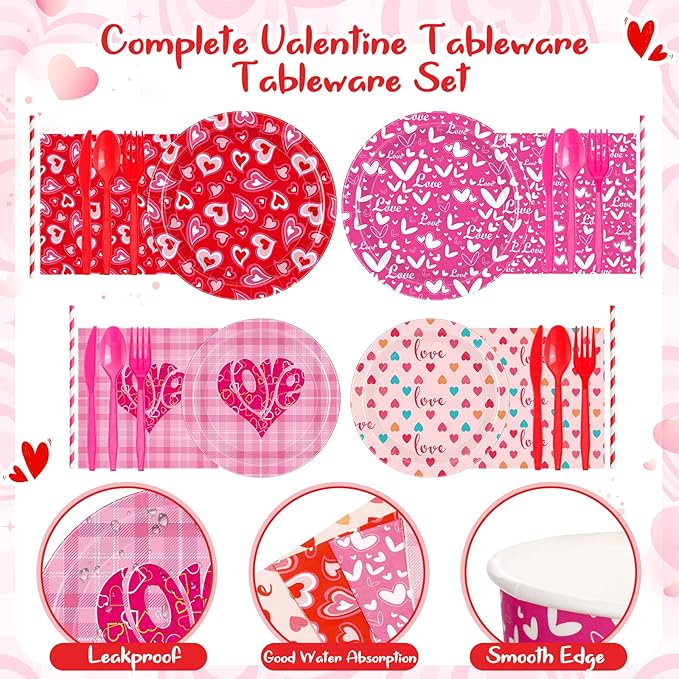 450 Pcs Valentines Tableware Set Decorations, Heart Love Design Paper Plates Napkins Cups Cutlery Straws for Kids Classroom Valentine's Day Galentines Day Party Supplies, Serves 50
