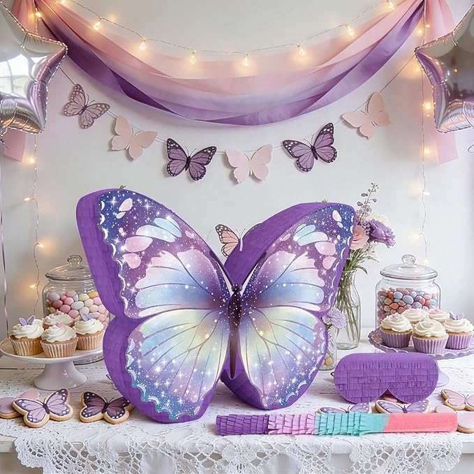 Hooqict Butterfly Piñata Purple Butterfly Pinata with Blindfold and Bat Stick for Kids Girls Spring Garden Family Games Purple Fairy Birthday Party Decorations Supplies
