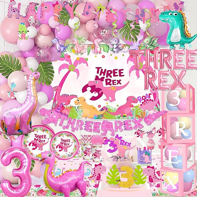 Three Rex Decorations Girl Pink Dinosaur Birthday Party Supplies Trex Dinosaur Tableware Set Crown Balloon Garland Balloon Boxes Glitte Highchair Banner Backdrop TableCloth Cake Topper