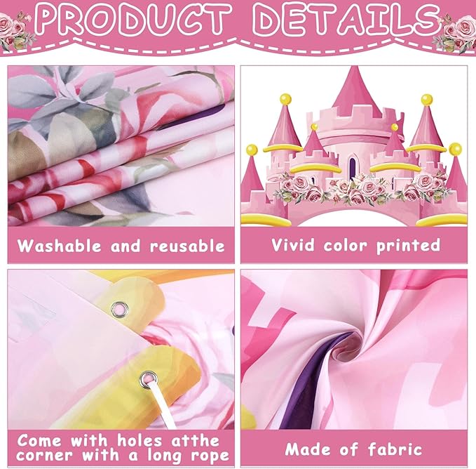 Princess Castle Valentine's Day Photo Prop Pink Princess Party Decorations Princesses Themed Polyester Fabric Birthday Photo Booth Props Pink Castle Door Hanging for Valentine's Day Party Supplies