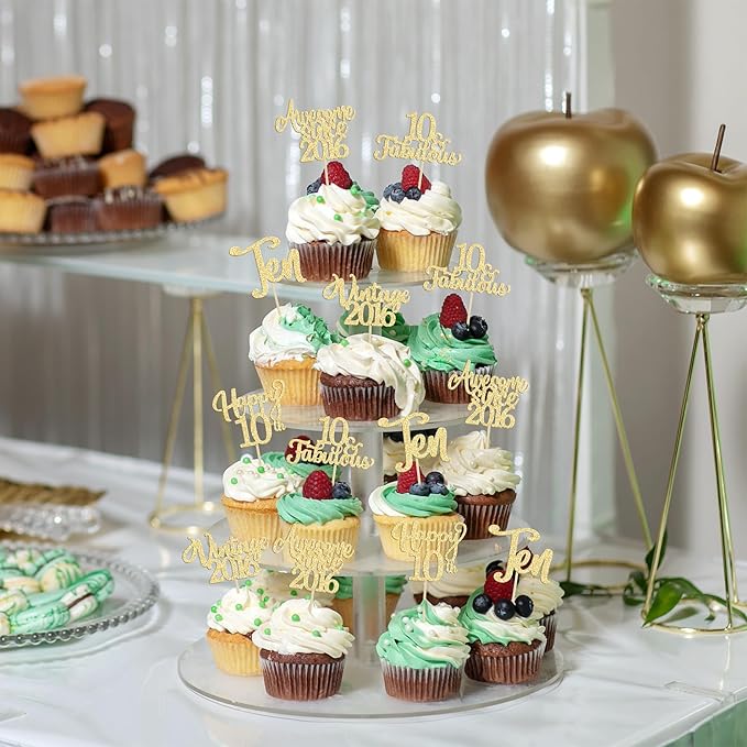 30Pcs Vintage 2016 Cupcake Toppers Glitter Happy 10th Birthday 10 Fabulous Cupcake Picks Cheers to 10 Years for 10th Birthday Wedding Anniversary Party Cake Decorations Supplies Gold