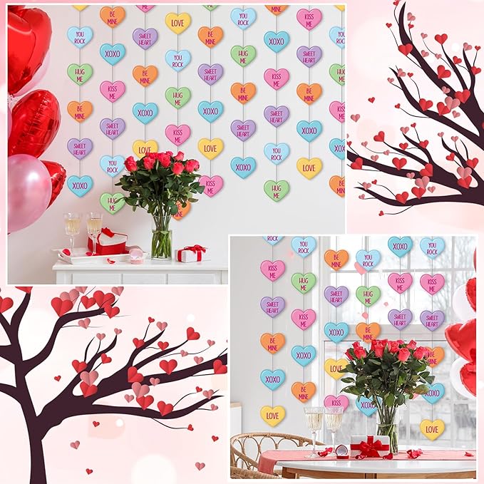 Capoda 8 Pcs Valentines Day Candy Heart Decorations Valentine Paper Heart Garland Decor Colorful Love Hanging Banners for Sweet Day Wedding Anniversary Birthday Party Supplies