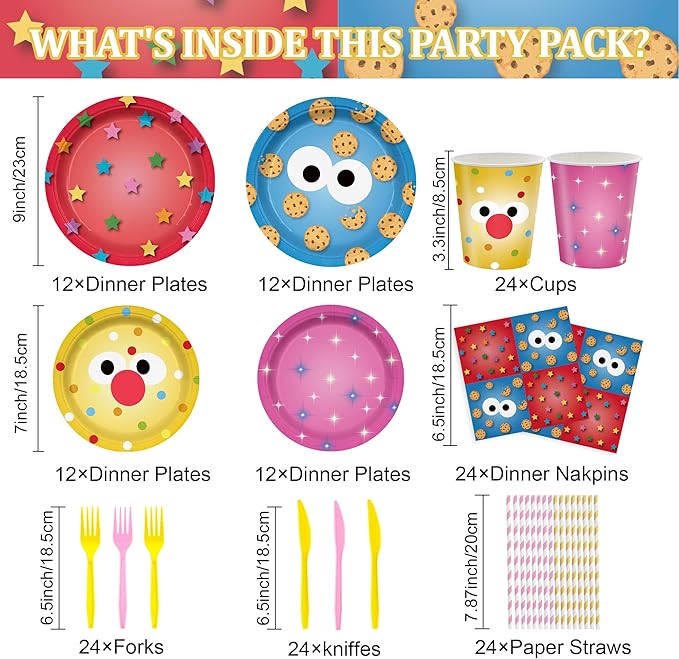168PCS Cookie Party Supplies for Boys Girls Cartoon Street Theme Birthday Party Decorations Paper Plates Cups Forks Knives and Straws Tableware Set for 24 Guests