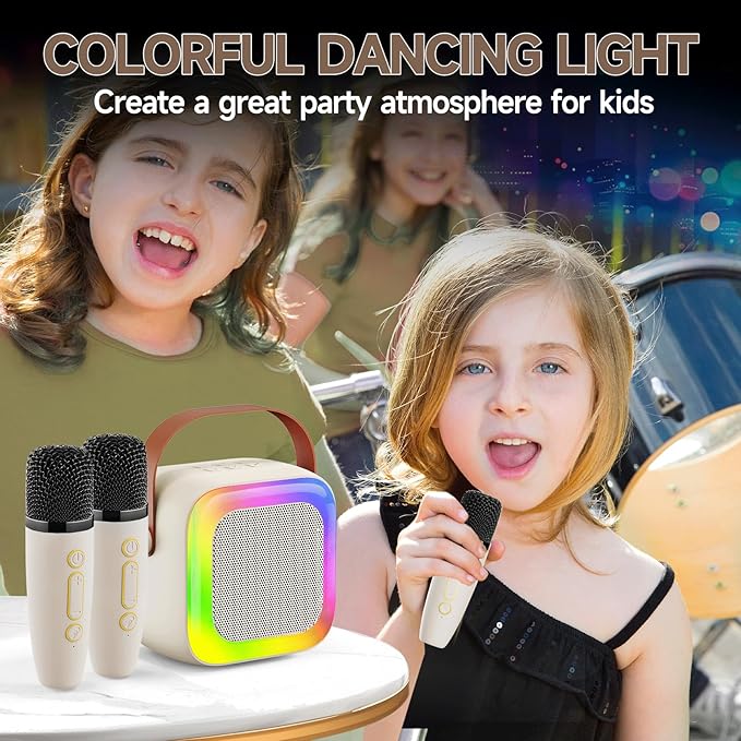 Mini Karaoke Machine for Kids Teen Adults, Kids Karaoke Machine with 2 Wireless Microphones and LED Lights Toys for Party, Home, Gifts for 4 5 6 7 8 9 10 11 12+ Years Girls Boys(Beige)