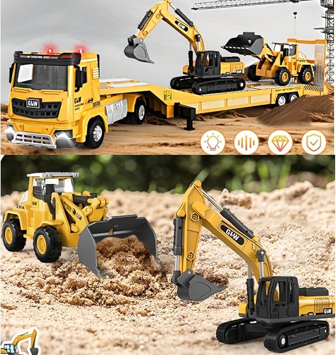 Alloy Die-Cast Construction Vehicles Toys Set w/Semi Truck, Excavator & Bulldozer - Real Lights & Sounds, Movable Parts - Learning Toys Gift for 3-7 Year Old Boys Girls