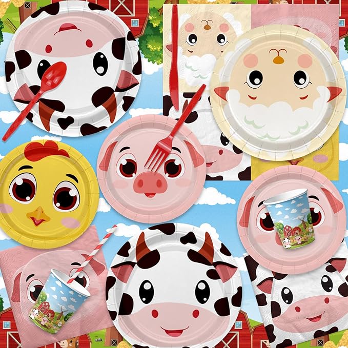 Farm Birthday Party Supplies, Including Farm Napkins Farm Animal Plates Tablecloth Banner and Dinnerware for Farm Theme Birthday Decorations, Serves 20