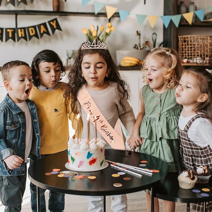 CIEHER 4th Birthday Crown + 4th Birthday Sash + Pearl Pin Set, It's My 4th Birthday Sash, 4 Birthday Tiara, 4th Birthday Decorations for Girls, 4th Birthday Gifts